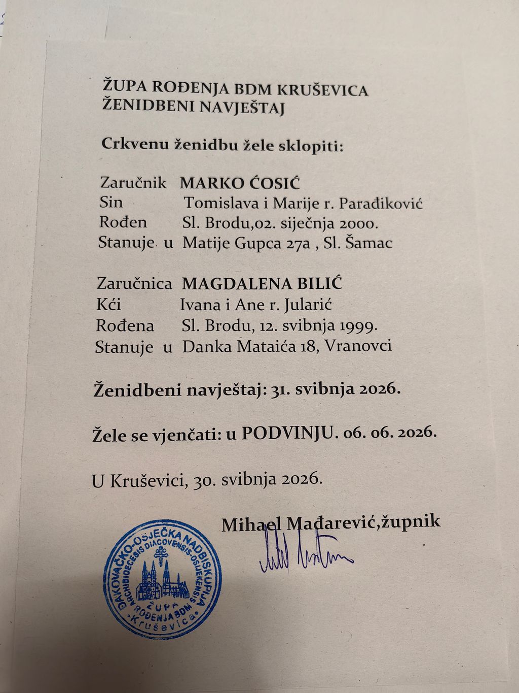 ŽUPA ROĐENJA BDM KRUŠEVICA ŽENIDBENI NAVJEŠTAJ