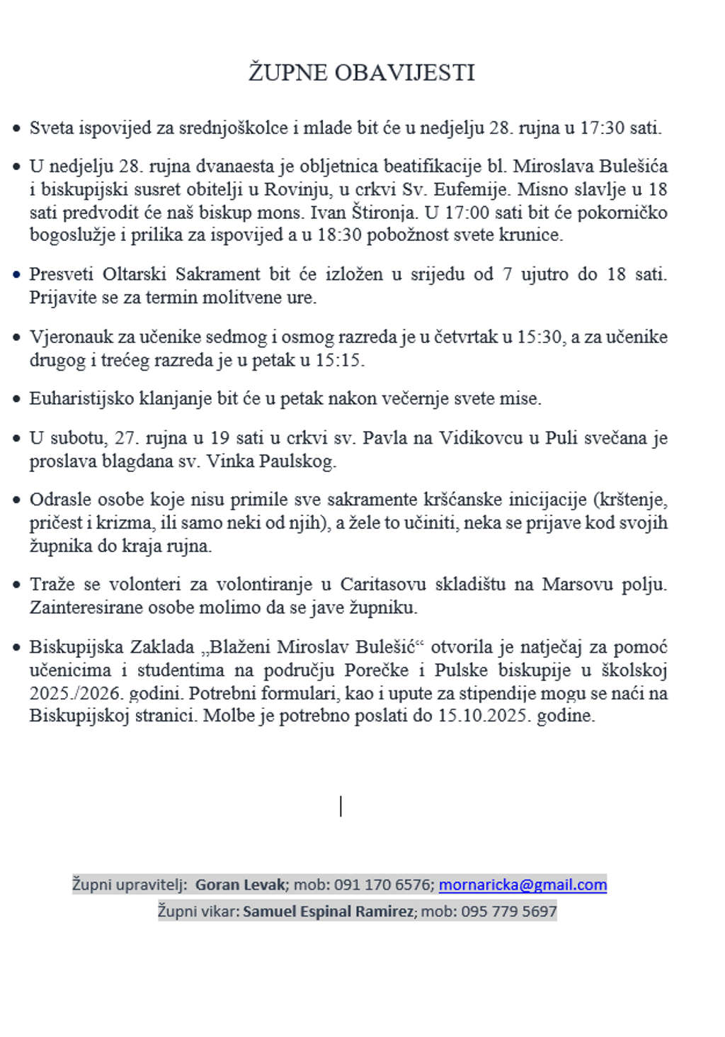 ŽUPNE OBAVIJESTI: 22.-28. rujna 2025.